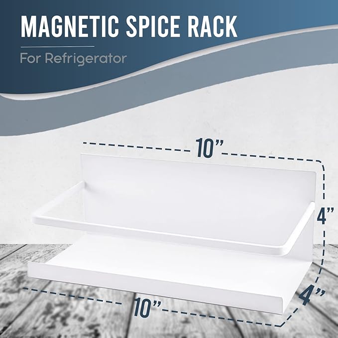 Magnetic Spice Shelf Rack for Refrigerator - White, Sturdy Metal Organizer, Strong Magnet Spices Storage Organization for Fridge, Oven, Washing Machine, Water Dispenser and more - Space-Saving