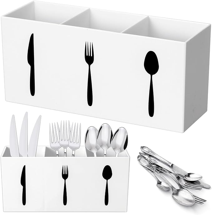 Suzile Acrylic Cutlery Storage Organizer Bin Silverware Caddy Countertop Knife Spoon and Fork Holder Kitchen 3 Section Tableware Storage Box for Cabinet Indoor Home Flatware Dining Room (White,M)
