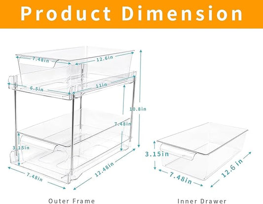 1 Pack 2-Tier Bathroom Under Sink Organizers and Storage - Clear Stackable Containers for Kitchen, Pantry, Vanity, Medicine Cabinet, Makeup, and Counter with Pull-Out Track