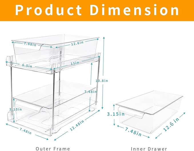 2 Pack 2-Tier Bathroom Under Sink Organizers and Storage - Clear Stackable Containers for Kitchen, Pantry, Vanity, Medicine Cabinet, Makeup, and Counter with Pull-Out Track