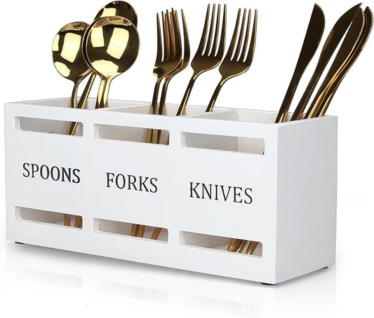 Wooden Silverware Cutlery Holder White Flatware Caddy Small Kitchen Utensil Holders for Party Wood Silverware Organizer Storage for Table Countertop Spoon and Fork Holder Utensils Caddy Basket