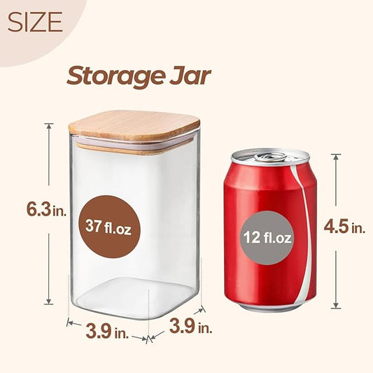ComSaf 37oz Glass Storage Containers with Lids, Glass Jars with Lids, Clear Food Storage Jar, Square Glass Canister Set of 9, Pantry Organizers and Storage for Cookie Flour Oat Pasta Tea Coffee Bean