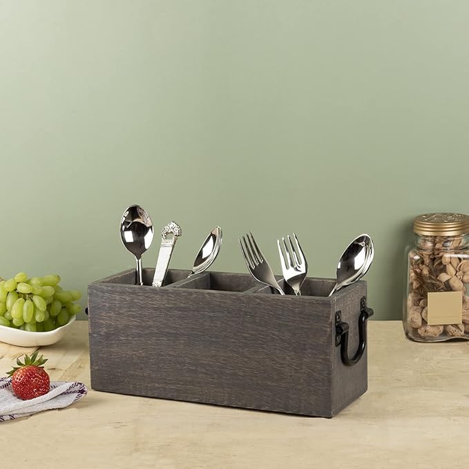 GoCraft 3-Compartment Flatware Caddy – Wooden Cutlery & Utensil Holder for Silverware, Tongs, Sauce Spoons, and More – Grey Washed Mango Wood with Metal Handles, Ideal for Kitchen & Dining Table