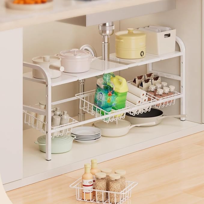 Under Sink Organizer，2 Tier Expandable Heavy Duty Metal Shelf，with 5 Removable Panels and 5 Storage Basket for Under Kitchen Bathroom Sink Organizers and Storage(White, Large)