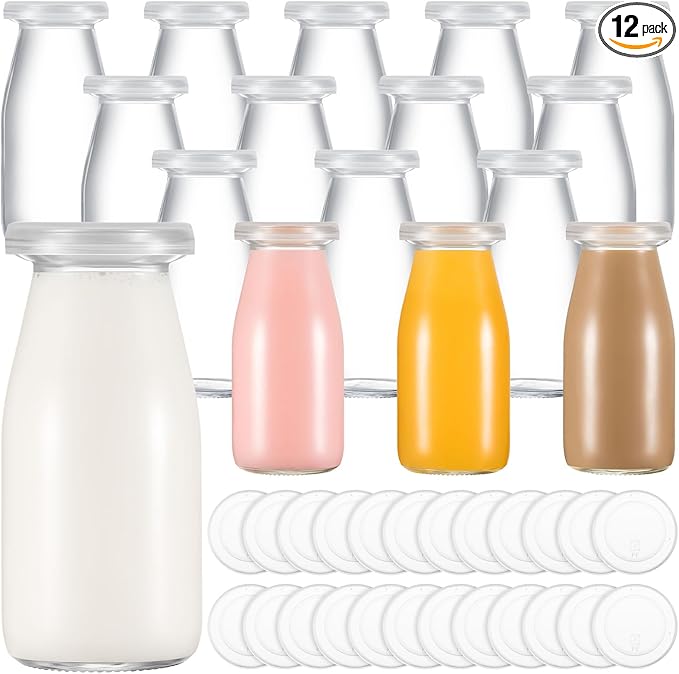 Zubebe 12 Pack 3.38 oz Small Glass Milk Bottles Clear Mini Party Bottles with Lids Glass Juice Jars Reusable Small Milk Jars Vintage Breakfast Shake Containers for Baby Shower Birthday Party Favors