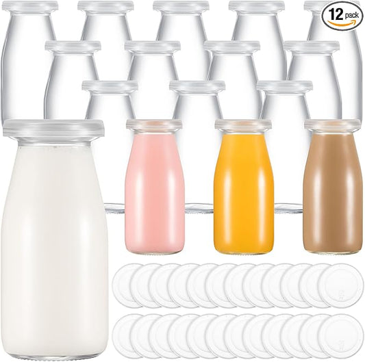 Zubebe 12 Pack 3.38 oz Small Glass Milk Bottles Clear Mini Party Bottles with Lids Glass Juice Jars Reusable Small Milk Jars Vintage Breakfast Shake Containers for Baby Shower Birthday Party Favors