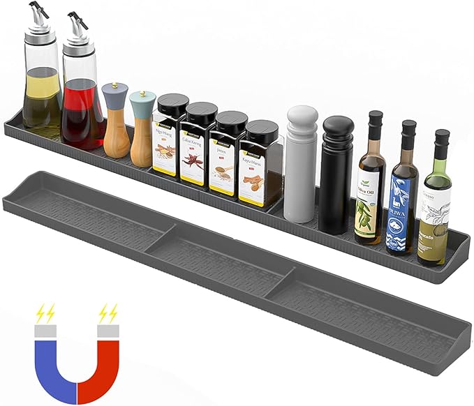 30 Inch Silicone Magnetic Stove Top Shelf with 6 Magnets, Stove Spice Rack Shelf Foldable Magnetic Spice Rack for Stove, Stove Shelf for Back of Stove, Stove Rack for Kitchen (grey)