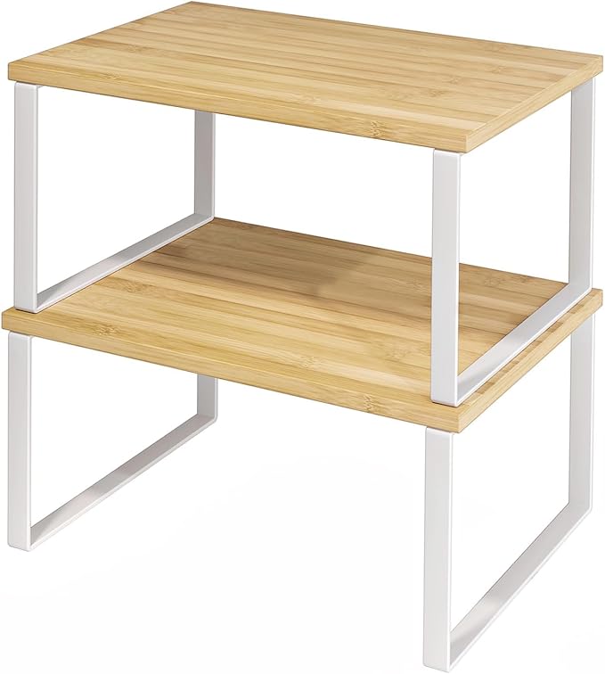 SUYU Kitchen Cabinet Organizer Shelf,Bamboo Spice Rack Set of 2,Space-Saving Countertop Organizer for Kitchen, Office, or Closet, Stackable and Nesting Shelves,White and Natural SCW201B