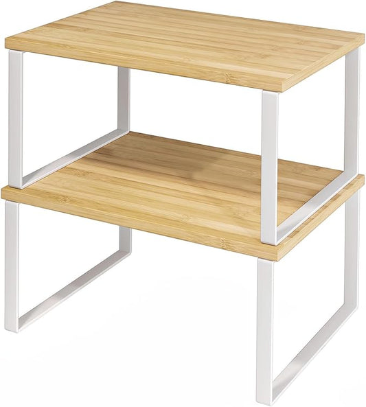 SUYU Kitchen Cabinet Organizer Shelf,Bamboo Spice Rack Set of 2,Space-Saving Countertop Organizer for Kitchen, Office, or Closet, Stackable and Nesting Shelves,White and Natural SCW201B