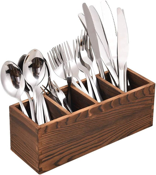 Wooden Silverware Caddy, Kitchen Utensil Holder with 4 Adjustable Compartments, Silverware Storage Kitchen Flatware Caddy