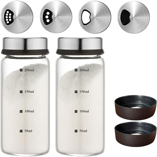 7 oz Salt and Pepper Shaker Set with 304 Stainless Cover Adjustable Outlet Holes Glass Spice Jars Dispenser Seasoning Cans for Kitchen Decor and Home Restaurant BBQ Camping Kitchen Accessories (2Pcs)