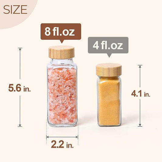 ComSaf 8 oz 6Pcs Glass Spice Jars with Label, Empty Spice Containers with Bamboo Lids, Square Seasoning Containers Trial and Supplement Set, Small Seasoning Bottles for Salt, Herbs, Sugar, Pepper
