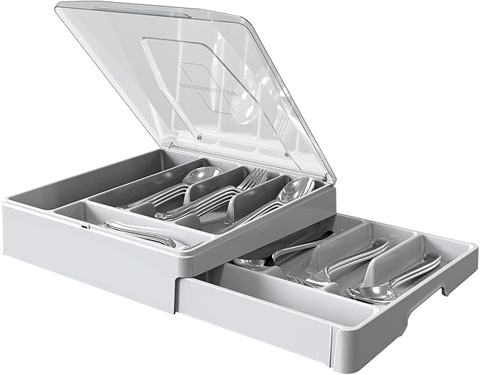 Double Layer Silverware Tray with Lid, Utensil Holder for Countertop Flatware Organizer for Kitchen Drawers with 2 Tier Cutlery Tray and 9 Compartments Silverware Storage Bin (White)