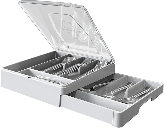 Double Layer Silverware Tray with Lid, Utensil Holder for Countertop Flatware Organizer for Kitchen Drawers with 2 Tier Cutlery Tray and 9 Compartments Silverware Storage Bin (White)
