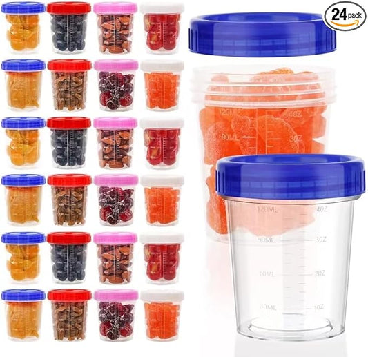 XSEINO 24 Pack 4oz Salad Dressing Container to Go,Small Transparent Containers with Leakproof & Screw Lids, Microwave & Dishwasher Safe, Reusable and Stackable