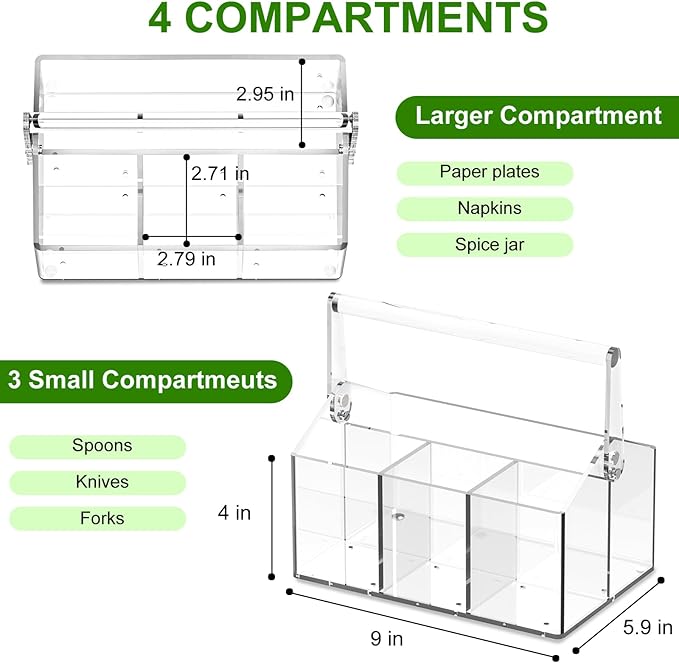 Silverware Organizer, Paper Plate Holders, Cutlery and Flatware Caddy for Countertop, Table, Buffet, and Picnic - Acrylic Party Utensil Holder for Knives, Forks, Spoons, Plates, Napkins