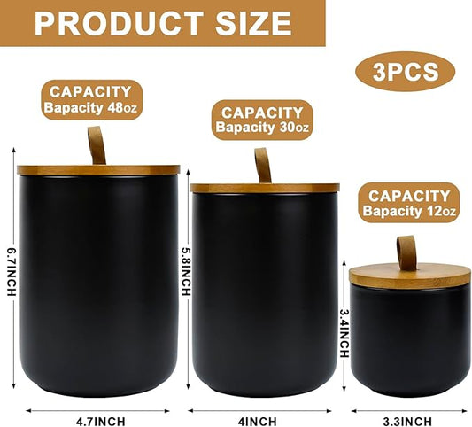 Set of 3 Airtight Ceramic Kitchen Canisters with Bamboo Lids, Food Storage Jars for Flour, Sugar, Coffee, Tea Pantry Organization, Dishwasher Safe