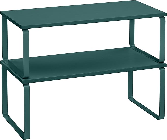 SONGMICS Cabinet Organizer Shelf, Set of 2 Kitchen Counter Shelves, Kitchen Storage, Spice Rack, Stackable, Expandable, Metal and Engineered Wood, Ivy Green UKCS200C02