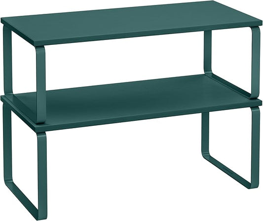 SONGMICS Cabinet Organizer Shelf, Set of 2 Kitchen Counter Shelves, Kitchen Storage, Spice Rack, Stackable, Expandable, Metal and Engineered Wood, Ivy Green UKCS200C02