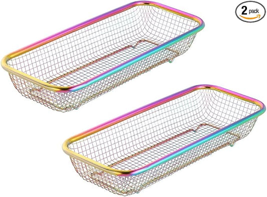 Kitchen Flatware Drawer Organizer, 2pcs Stackable Mesh Cabinet Storage Basket, Stainless Steel Kitchen Utensils Filter Drying Rack Holder for Knives, Fork, Spoon Chopsticks Rainbow Color