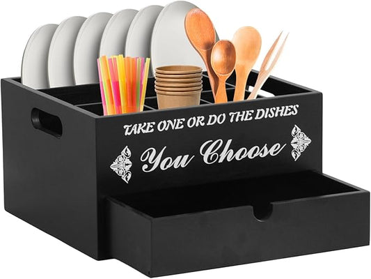 Wooden Paper Plate Dispenser with Drawer, Rustic Kitchen Utensil Caddy & Silverware Organizer for Cups, Spoons, Forks, Plates & Napkins, Kitchen Utensil Holder for Party