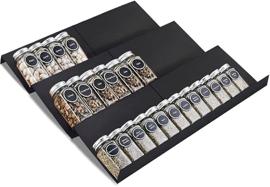 Expandable Spice Drawer Rack Organizer Insert for Kitchen Cabinet - Multi Tier Adjustable Spice Storage Shelf for Seasoning and Jar, Pack of 6