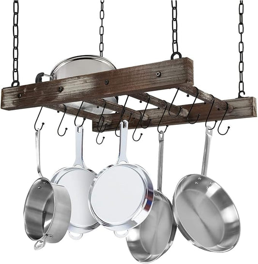 J JACKCUBE DESIGN Hanging Pot Rack Pan Ceiling Wall Mounted Hanger Multi- Purpose Rustic Wood and Metal Cookware Kitchen Storage Organizer With Utility 16 Hooks - MK603B