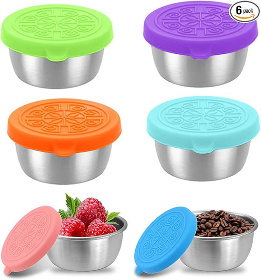 6-Piece Condiment Cups with Colorful Silicone Lids, 50ml Leak-Proof Metal Condiment Container, Stainless Steel Small Sauce Cups Ramekins Perfect for Outdoor Picnics, BBQ, Camping Sauce Storage