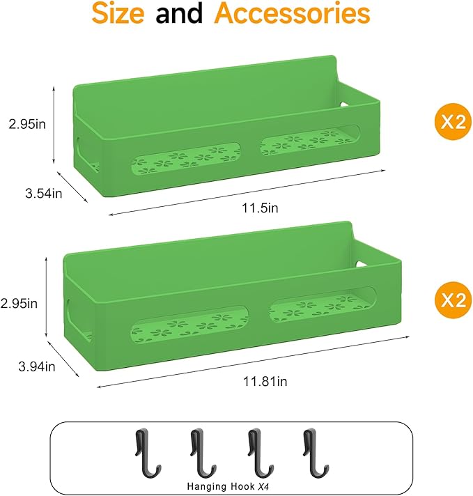 4 Pack Magnetic Spice Rack for Refrigerator, Spice Rack Organizer, Moveable Magnetic Shelf Fridge Organizer with 4 Hooks for Kitchen and Oven Organization, Green