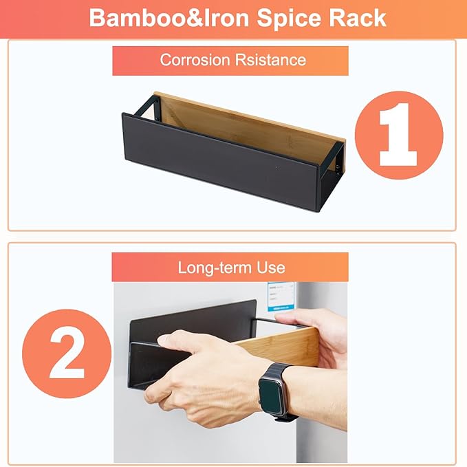 2 Pack Wooden Spice Rack, Metal & Magnetic, Upgraded Widened Fridge Spice Rack