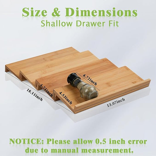 Bamboo Spice Drawer Organizer, 4 Tier Stackable Spice Rack for Cabinet (4.8" D x 13" W x 1.9" H), Seasoning Storage Organization