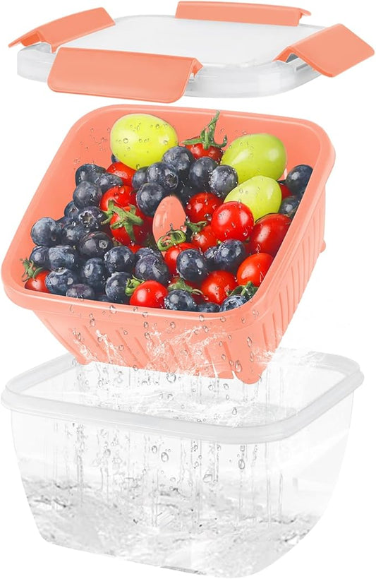 shopwithgreen 50oz Berry Keeper Fruit Storage Container for Fridge, Fresh Food Produce Saver Containers with Removable Drain Colanders and Lid, Vegetable Lettuce Keeper Bowl for Refrigerator Organizer