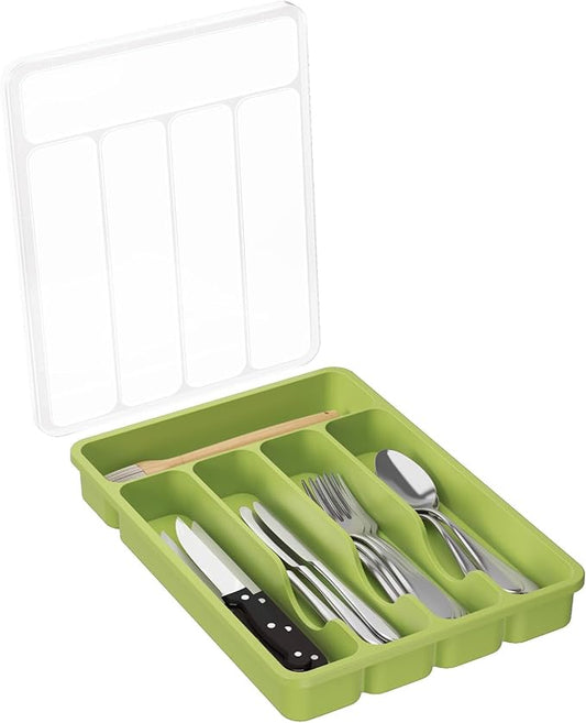Lifewit Silverware Organizer with Lid, Covered Utensil Tray for Kitchen Drawer and Countertop, Plastic Cutlery and Flatware Storage Box for Spoons Forks Knives Holder Case, 5 Compartments, Green
