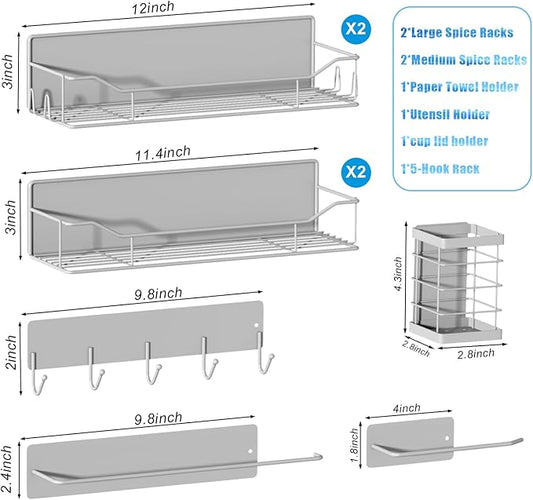 Magnetic Spice Rack for Refrigerator,8 Pack Magnetic Fridge Shelf, Moveable Spice Organizer with Hook Rack, Paper Towel Holder, Utensil Holder,cup lid holder, Super Magnetic Rack Set (Grey)