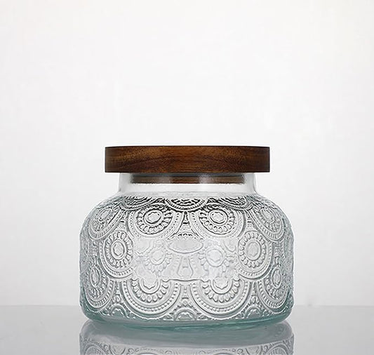 25oz Vintage Glass Jar with Lid, Embossed Glass Canister with Airtight Wooden Lid, Stackable Design for Kitchen Storage – Ideal for Coffee, Tea, Sugar, Flour, Cookies, and Grains