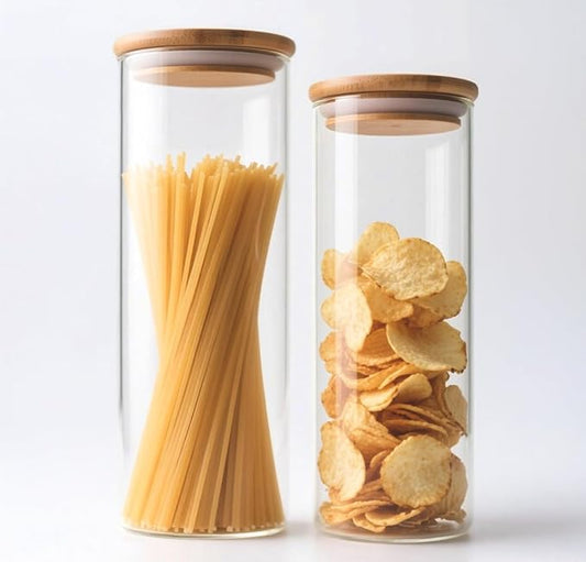 Glass Food Storage Jars with Airtight Lids, 33 oz Tall Clear Glass Jar with Bamboo Lid, Airtight Food Canister for Pasta, Candy, Coffee, Sugar, Cookie, Snack. (Round | 10+11 Inch)
