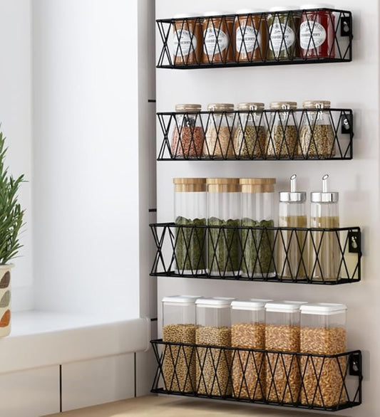 Hanging Spice Rack Wall Mount 4 Pack, Seasoning Rack Organizer Adhesive Spice Shelf Easy to Install, Kitchen Organization Cabinet Stand Space Saver, Metal, Black