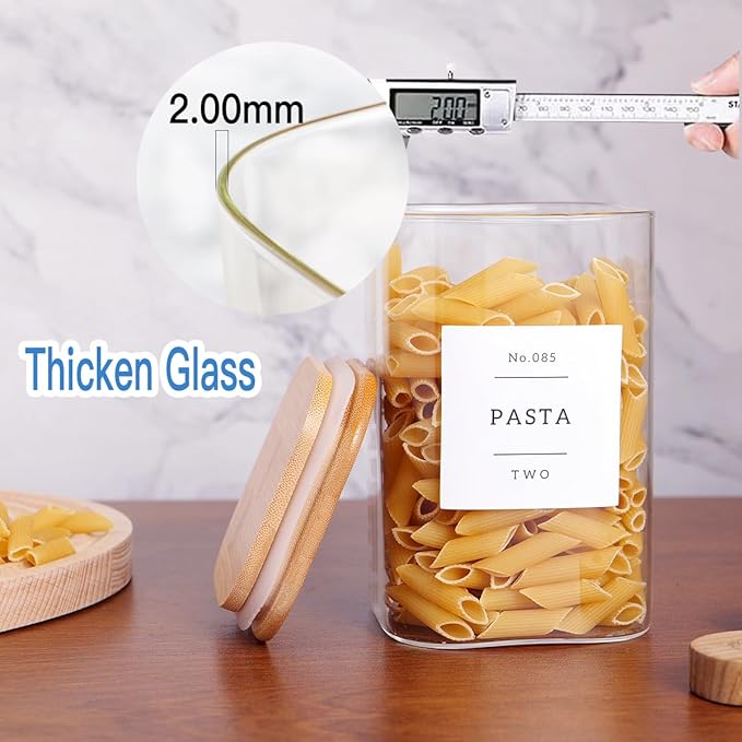 6 Pack Square Glass Kitchen Storage Jars with Airtight Bamboo Lids and 132 Pantry Labels - 35oz Glass Canisters With Wood Lids - Glass Food Storage Containers for Coffee, Cookie, Tea, Spice