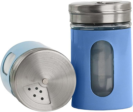 Denim Blue Salt Pepper Shakers Retro Spice Jars Glass - Set of 2