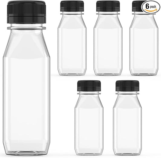 WANBAO 6 Pcs 6 oz Plastic Juice Bottle Reusable Bulk Beverage Containers for household use for Juice, Drinking Milkshake Tea, Milk, Juicing Smoothie Water and Other Beverages, Fridge Storage