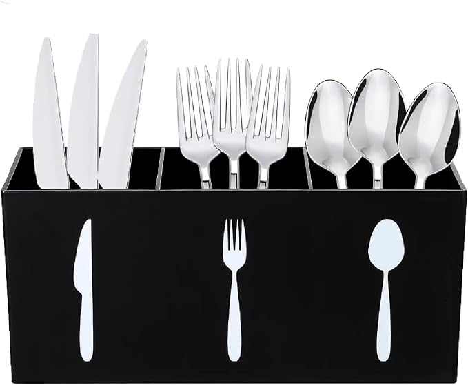 Acrylic Cutlery Storage Organizer Bin Silverware Caddy Countertop Knife Spoon and Fork organizer Kitchen 3 Section Tableware Storage Box for Cabinet Indoor Home Flatware Dining Room