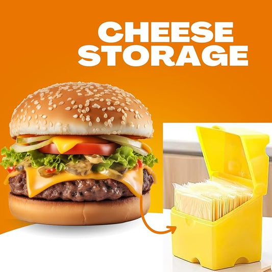 Cheese Container for Refrigerator, Sliced Cheese Container - BPA Free Plastic, Yellow, 3.7x3.7x3.7 inches, Holds 20-26 Slices, Playful Cow Design
