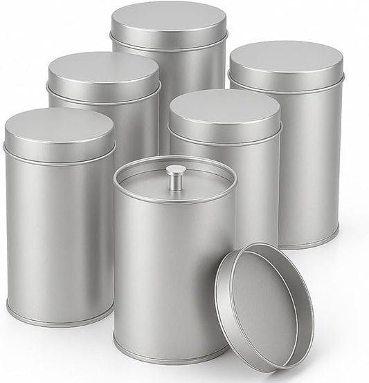 6 Pack Tea Tin Canister with Airtight Double Lids, 12 Fluid Oz Round Metal Canisters – Small Kitchen Storage Containers for Tea, Coffee, Candy, Sugar, Spices (Silver)
