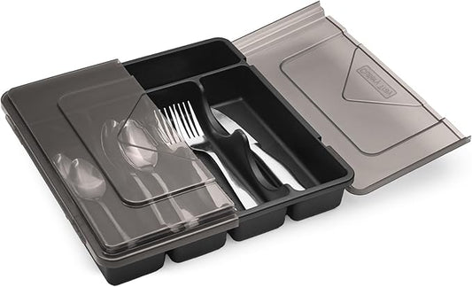 Silverware Organizer with Lid, Utensil Holder for Kitchen Drawer Countertop Plastic Flatware Tray 5 Compartments