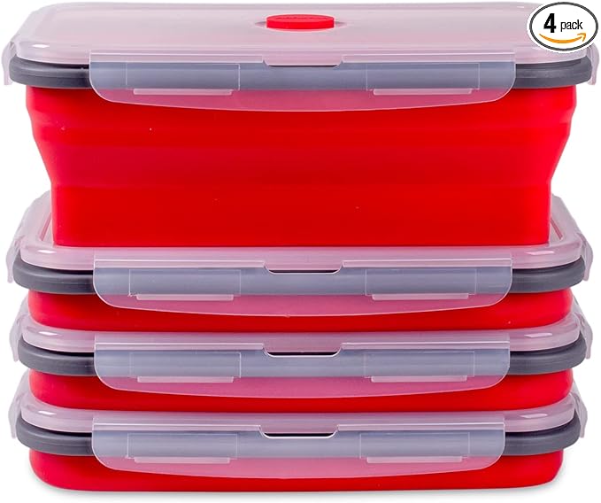 Collapsible Food Storage Containers with Airtight Lid & Air Vent, 40.5 oz, Kitchen Stacking Silicone Collapsible Meal Prep Container Set for Leftover, Microwave Freezer Dishwasher Safe, Red, Set of 4