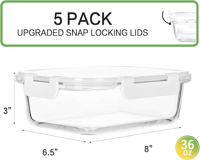 M MCIRCO [5-Packs, 36 Oz.] Glass Meal Prep Containers with Locking Lids Glass Food Containers,Airtight Lunch Container,Microwave, Oven, Freezer and Dishwasher (4.5 Cup, White)
