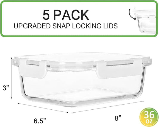 M MCIRCO [5-Packs, 36 Oz.] Glass Meal Prep Containers with Locking Lids Glass Food Containers,Airtight Lunch Container,Microwave, Oven, Freezer and Dishwasher (4.5 Cup, White)