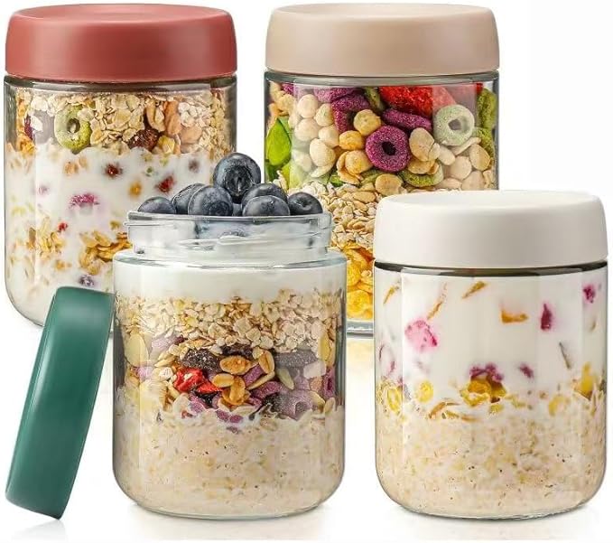 DIMBRAH Overnight Oats Containers with Lids, Mason Jars 16 oz with Lids - Set Of 4, Glass Jar with Lid, Practical Oatmeal Container to Go, Chia Seed Pudding Jars