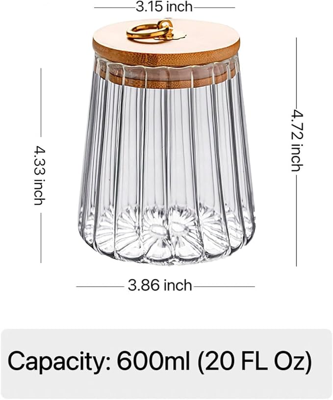 Strip Pattern Clear Glass Candy Jar with Bamboo Lid,Food Storage Jar,Glass Jar with Lid,Coffee Sugar Canister Airtight Storage Container (Conical)