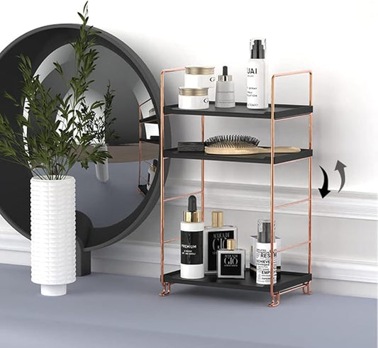 Plastic/Metal Freestanding Stackable Organizer Shelf,Bathroom Countertop Storage Shelf Cosmetic Organizer Holder Kitchen Spice Rack,3-Tier Standing Rack (Rose Gold@Black)